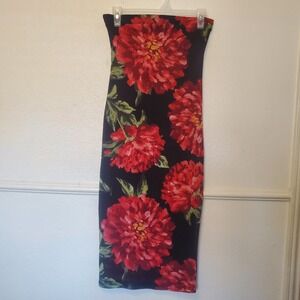 Monaco USA Red Floral Bodycon Tube Dress Black Strapless Midi Womens M D8797-D